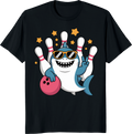 Funny shark bowling ball and pins on a t‑shirt - black