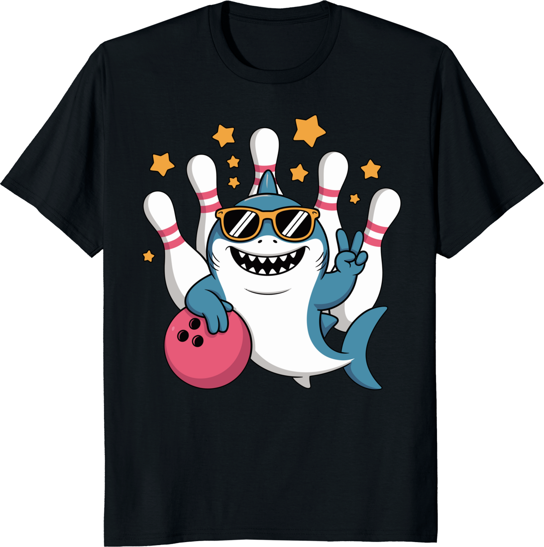 Funny shark bowling ball and pins on a t‑shirt - black