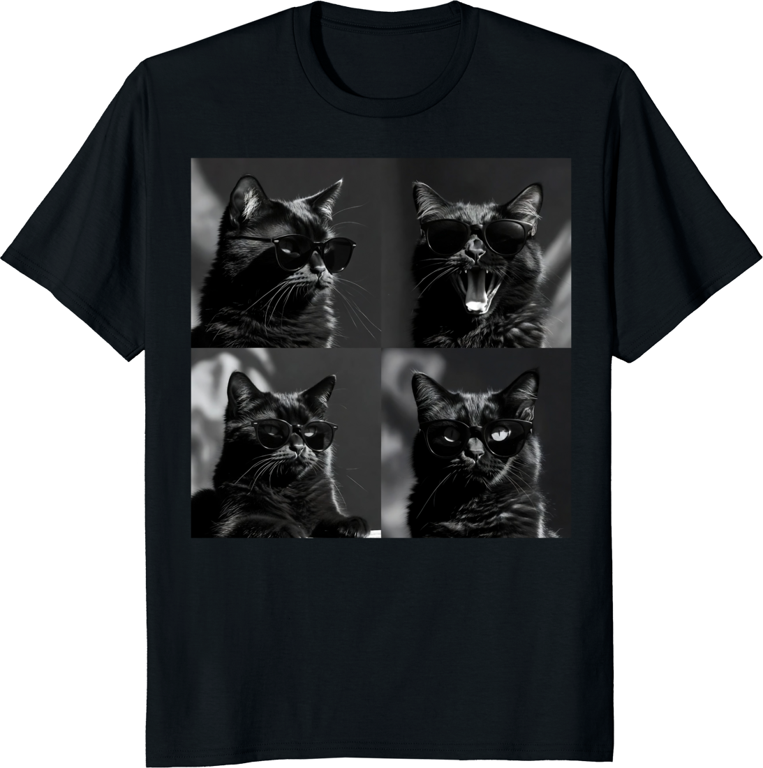 Funny cat photo strip selfie style t‑shirt with 4-panel design - black
