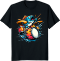 Cartoon fish playing drums on a t-shirt design - black