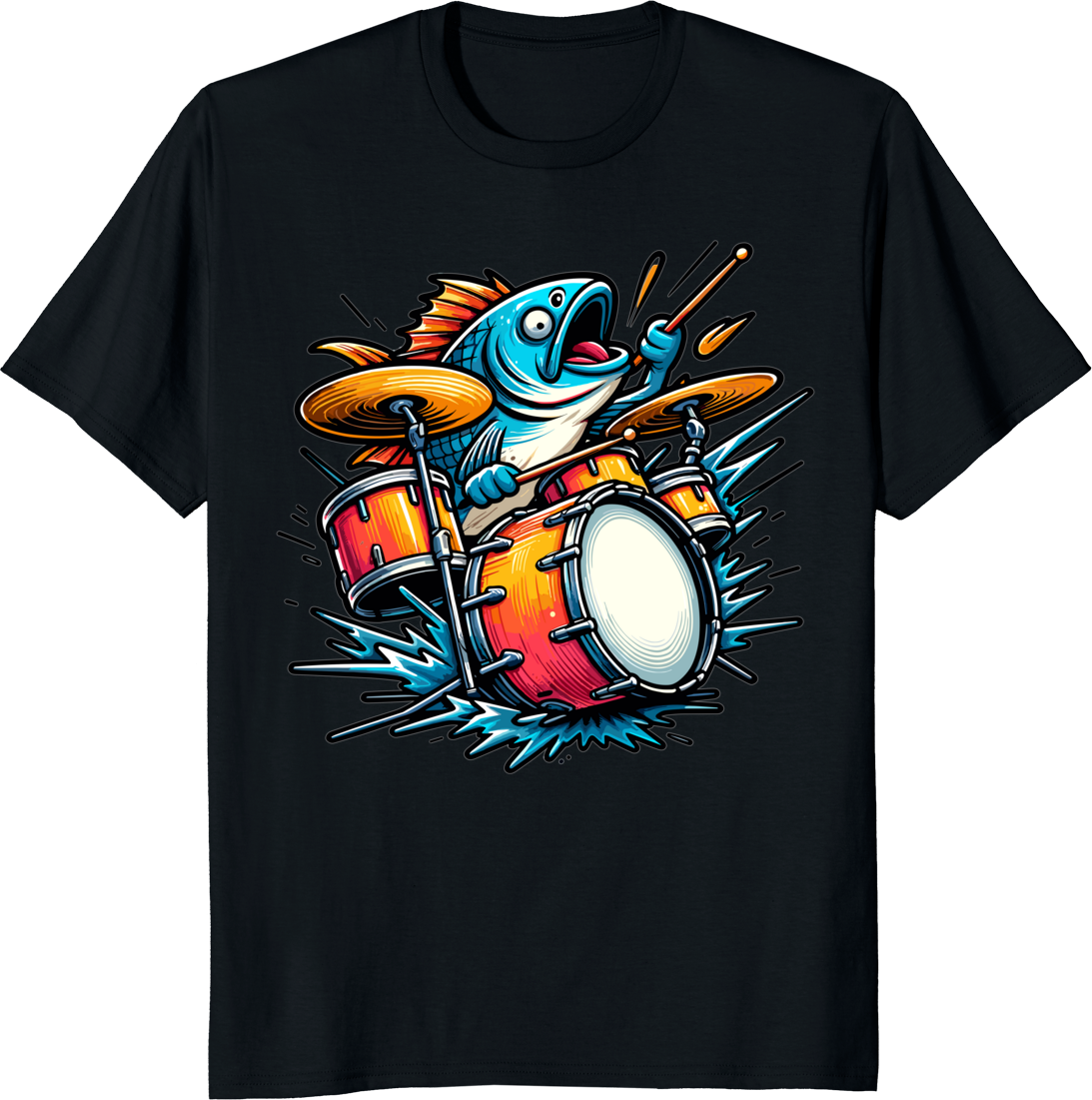 Cartoon fish playing drums on a t-shirt design - black