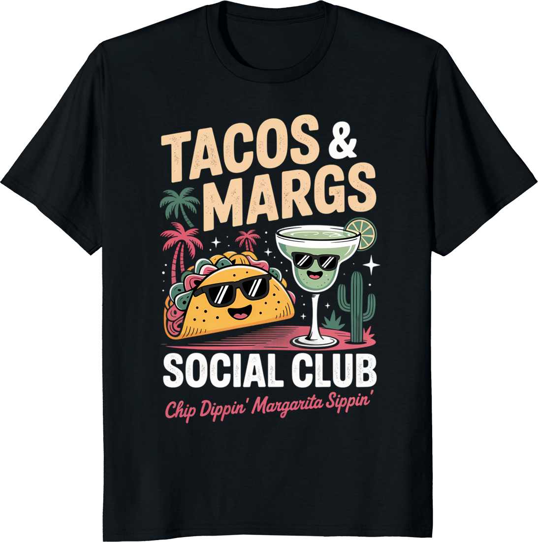 Cartoon taco and margarita character t-shirt design - black