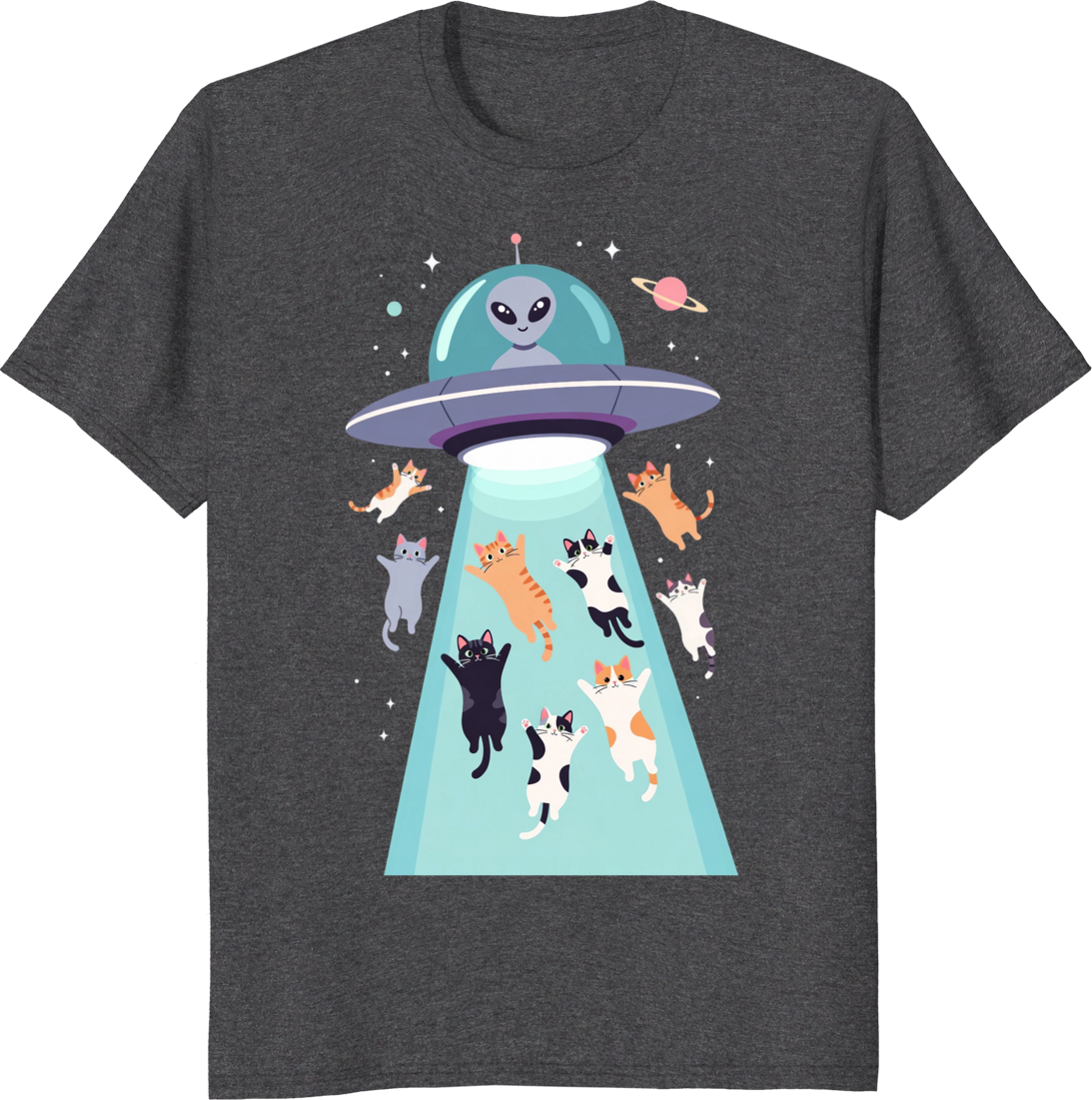 Funny cats flying in a UFO retro space design on a T-shirt - dark heather