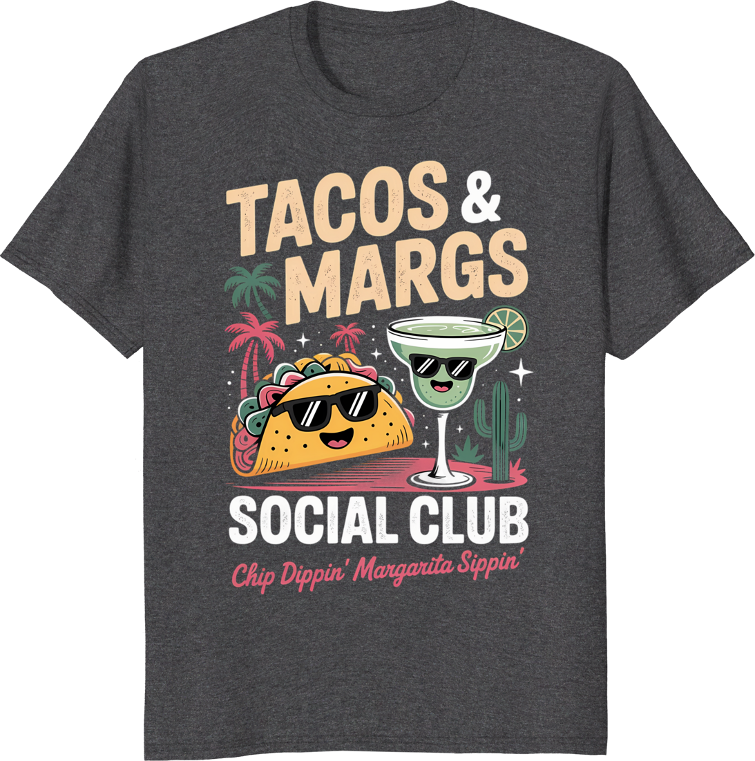 Cartoon taco and margarita character t-shirt design - dark heather