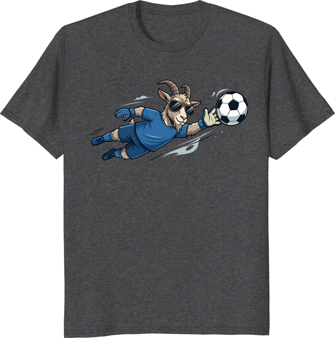 Cartoon goat wearing sunglasses playing soccer as a goalkeeper on a t-shirt - dark heather