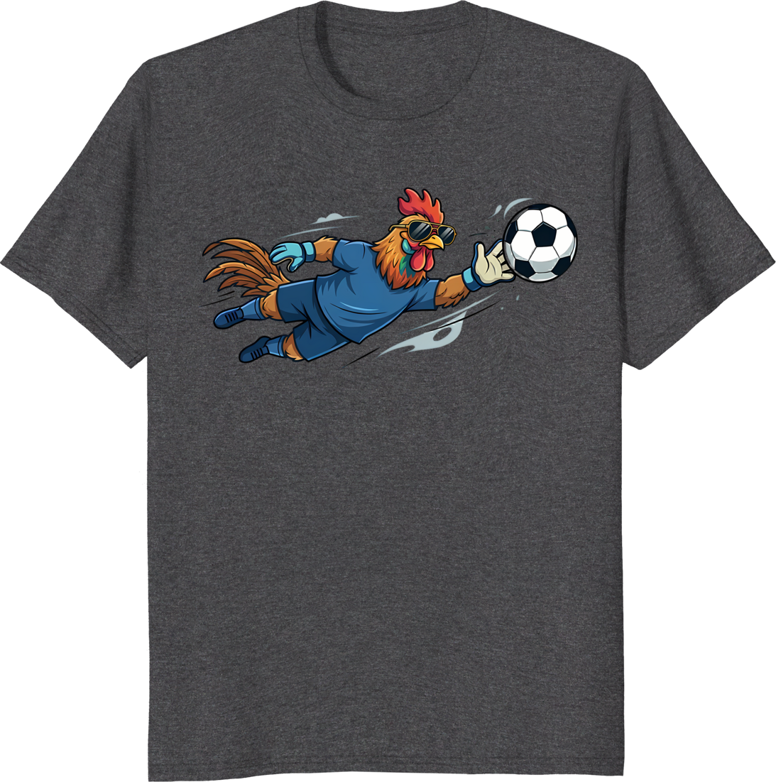Funny rooster wearing sunglasses as a soccer goalkeeper t-shirt design. - dark heather