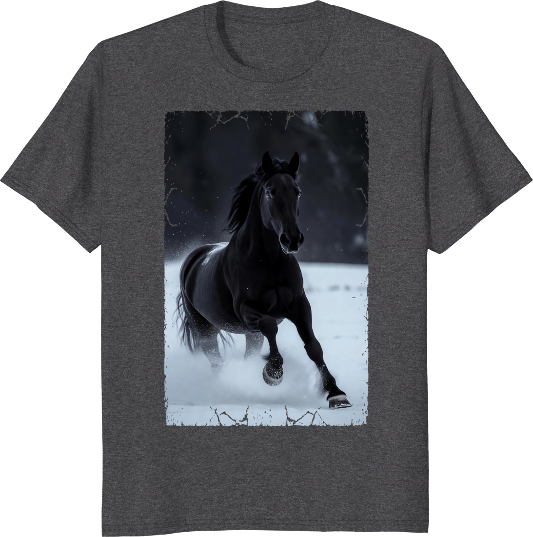 Black horse running through snowy landscape on a t-shirt print - dark heather