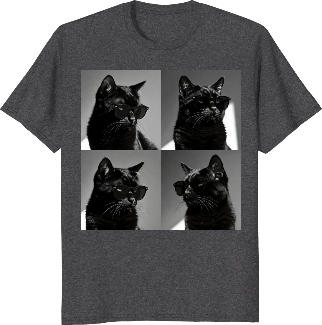 Funny black cat vintage photobooth selfie 4-panel art t-shirt design - dark heather