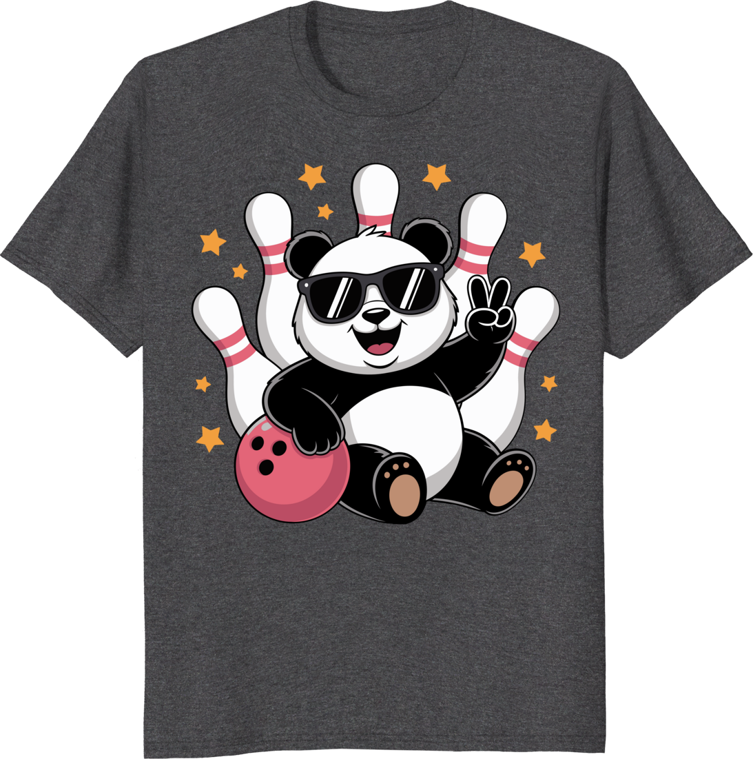 Funny panda rolling a bowling ball on a t-shirt graphic - dark heather