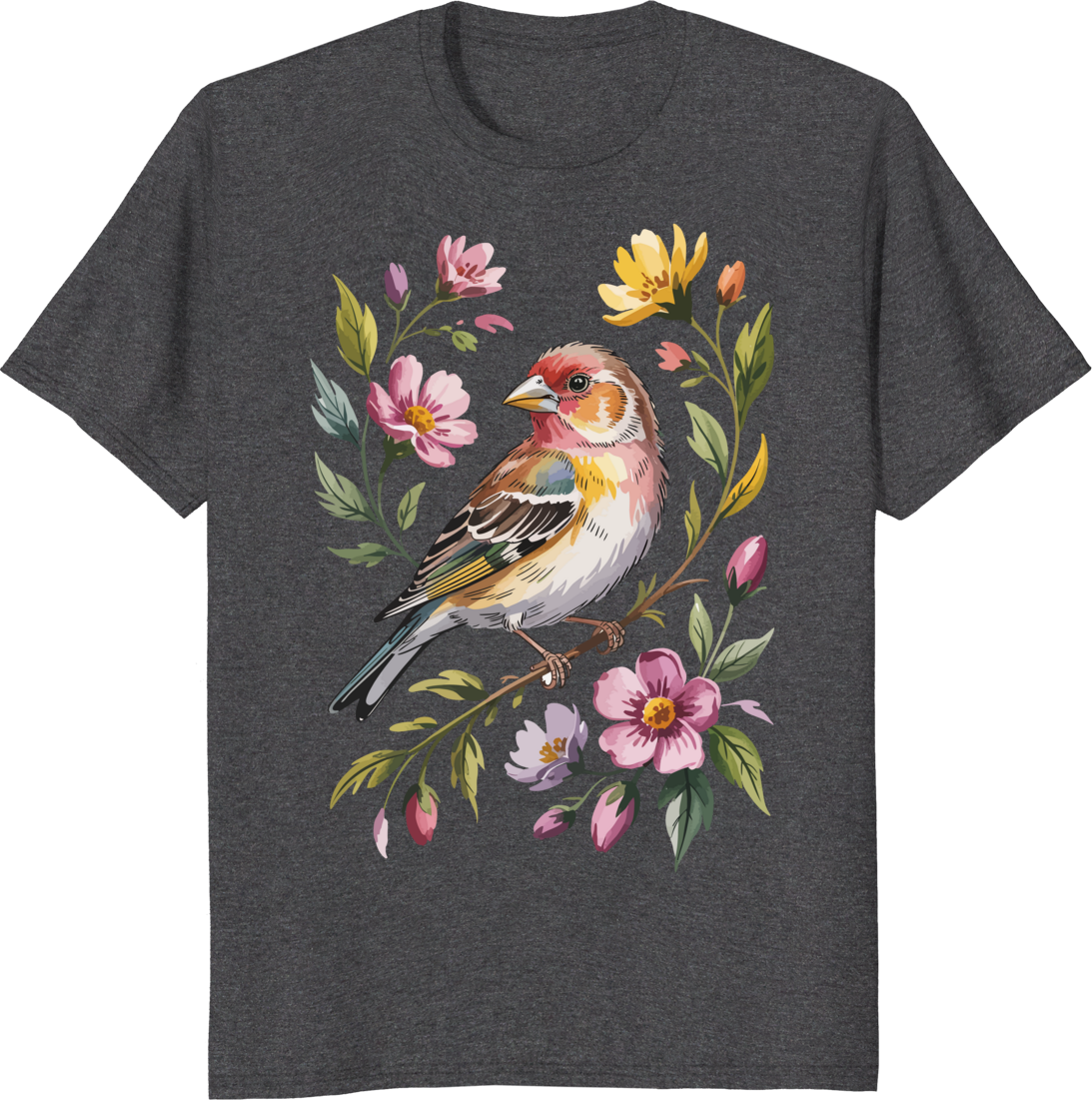 Cute bird graphic t-shirt with finch and flowers - dark heather