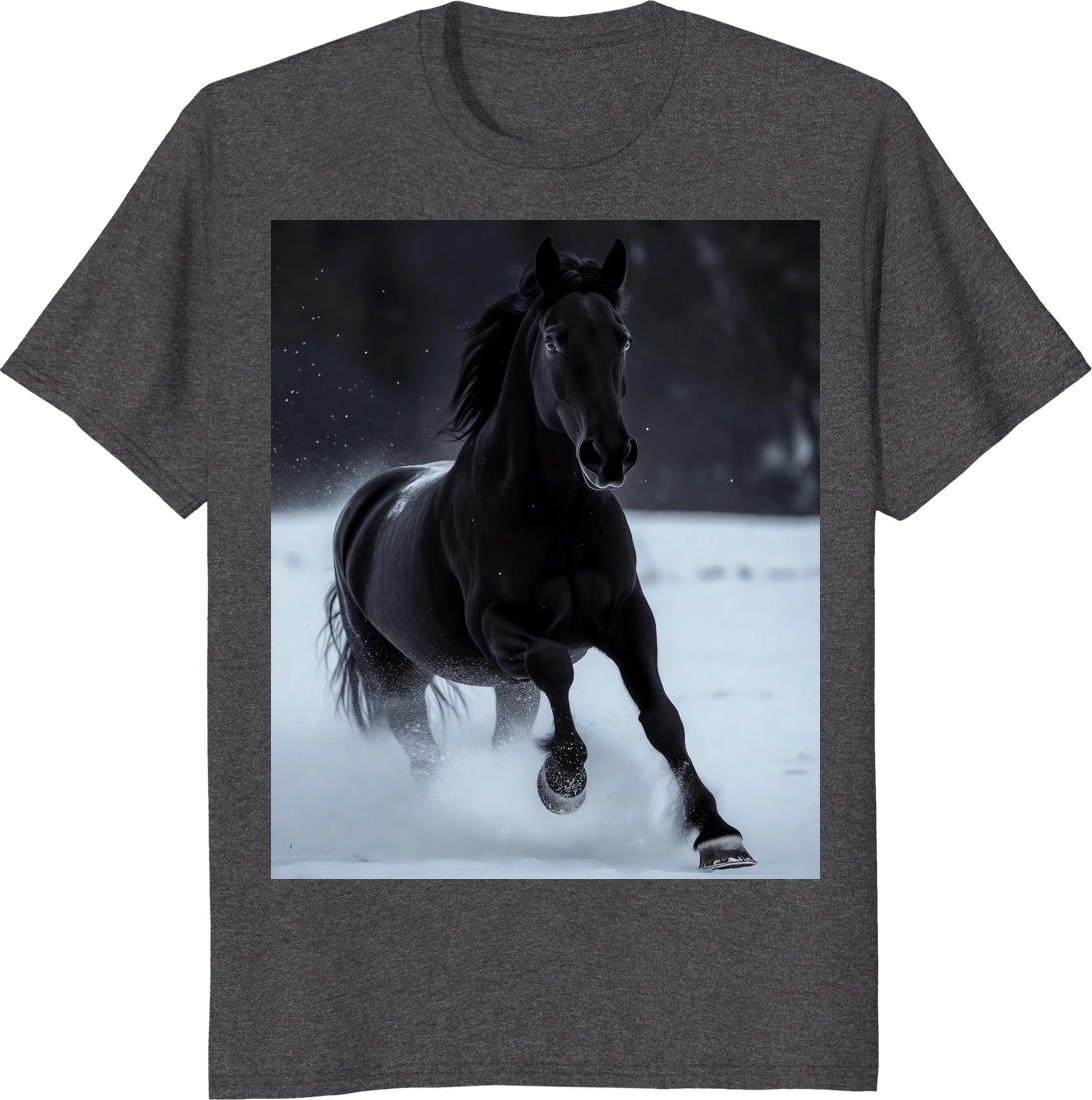 Black horse running across snowy terrain on a t‑shirt - dark heather