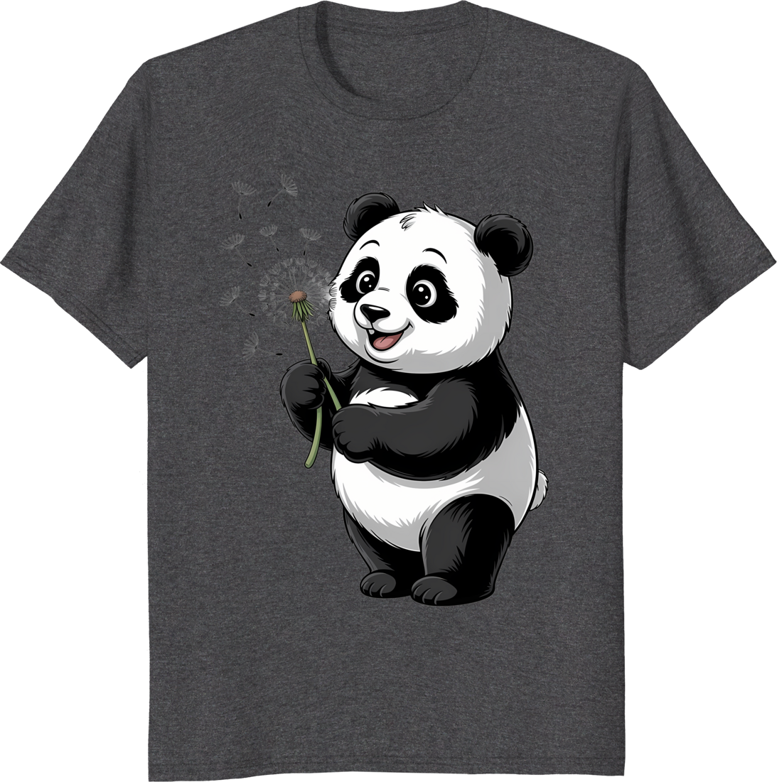 Cute panda holding a dandelion flower on a t-shirt - dark heather