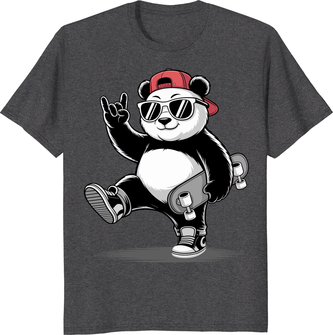 Funny panda skateboarding T-shirt with rock hand pose on a white tee - dark heather