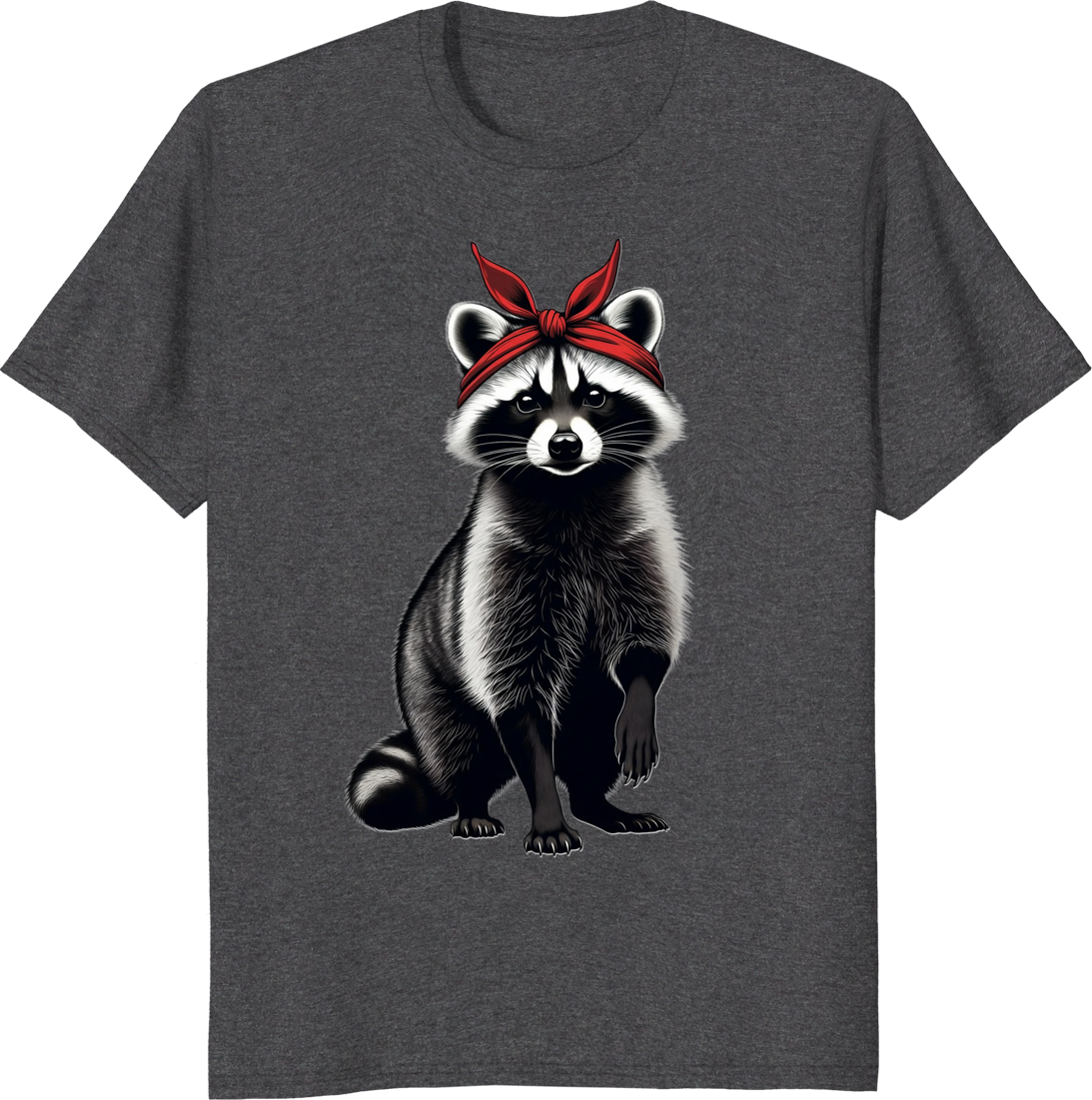 Raccoon mom wearing a red bow bandana on a t-shirt - dark heather