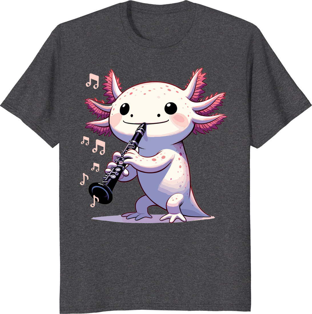 Cute pink kawaii axolotl playing clarinet t-shirt design - dark heather