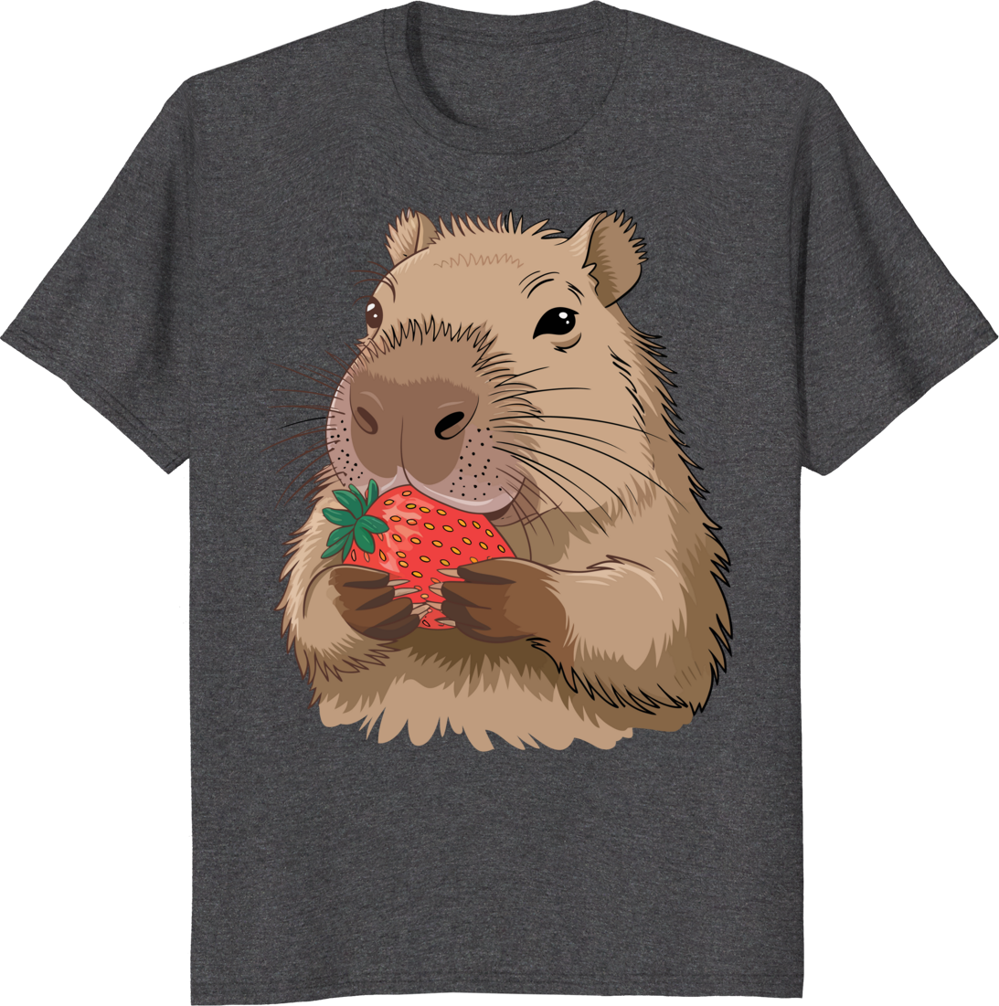 Capybara eating a strawberry on a t-shirt graphic. - dark heather