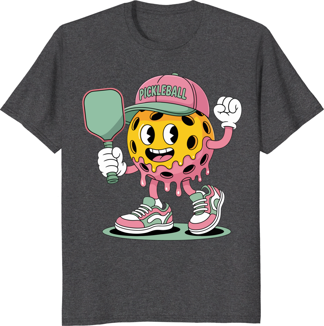 Funny pickleball ball ice cream with paddle retro cartoon T-shirt design - dark heather