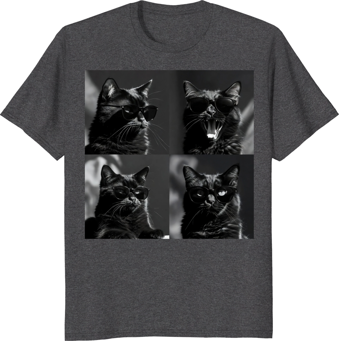 Funny cat photo strip selfie style t‑shirt with 4-panel design - dark heather