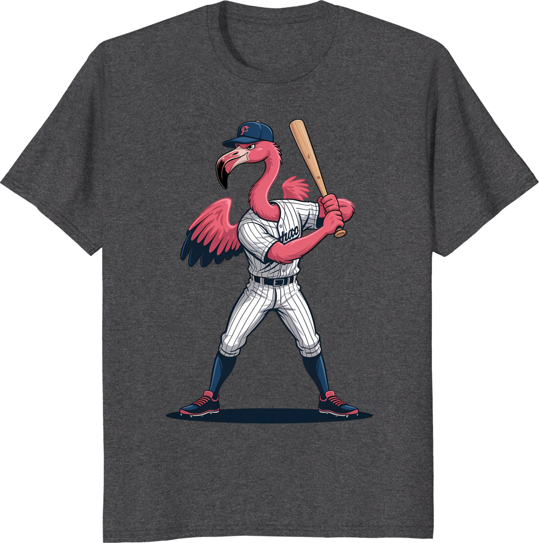 Pink flamingo baseball player t-shirt with cartoon flamingo holding bat - dark heather