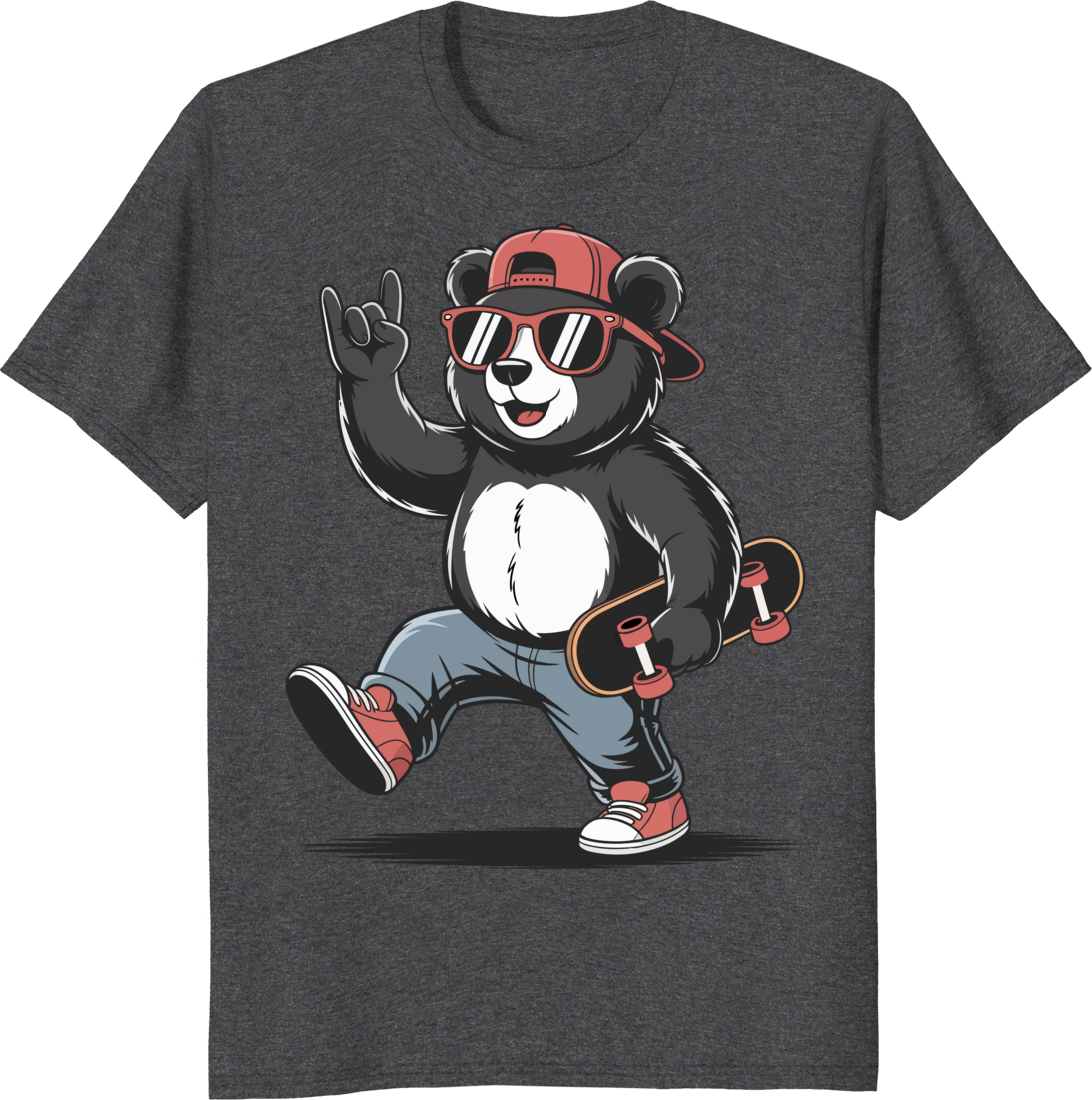 Funny bear skateboarding t-shirt with bear riding a skateboard on a vibrant background - dark heather