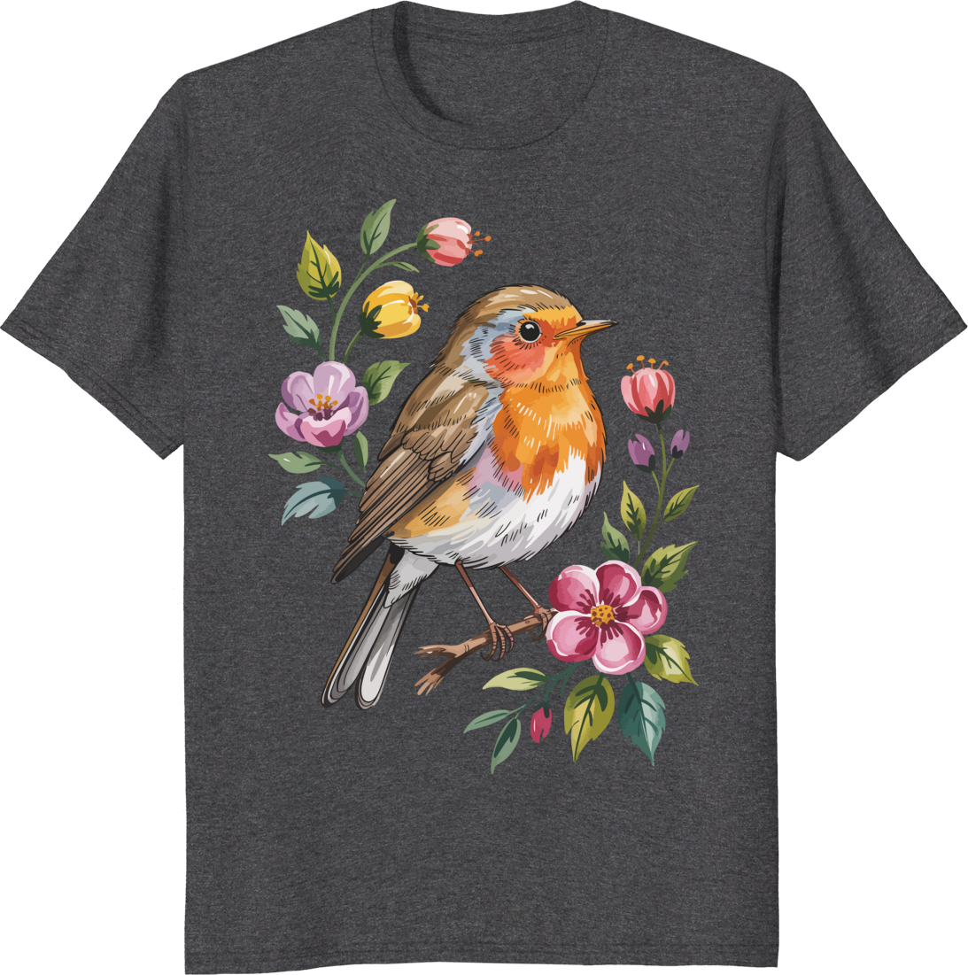 Cute robin bird with flowers graphic on a t-shirt - dark heather