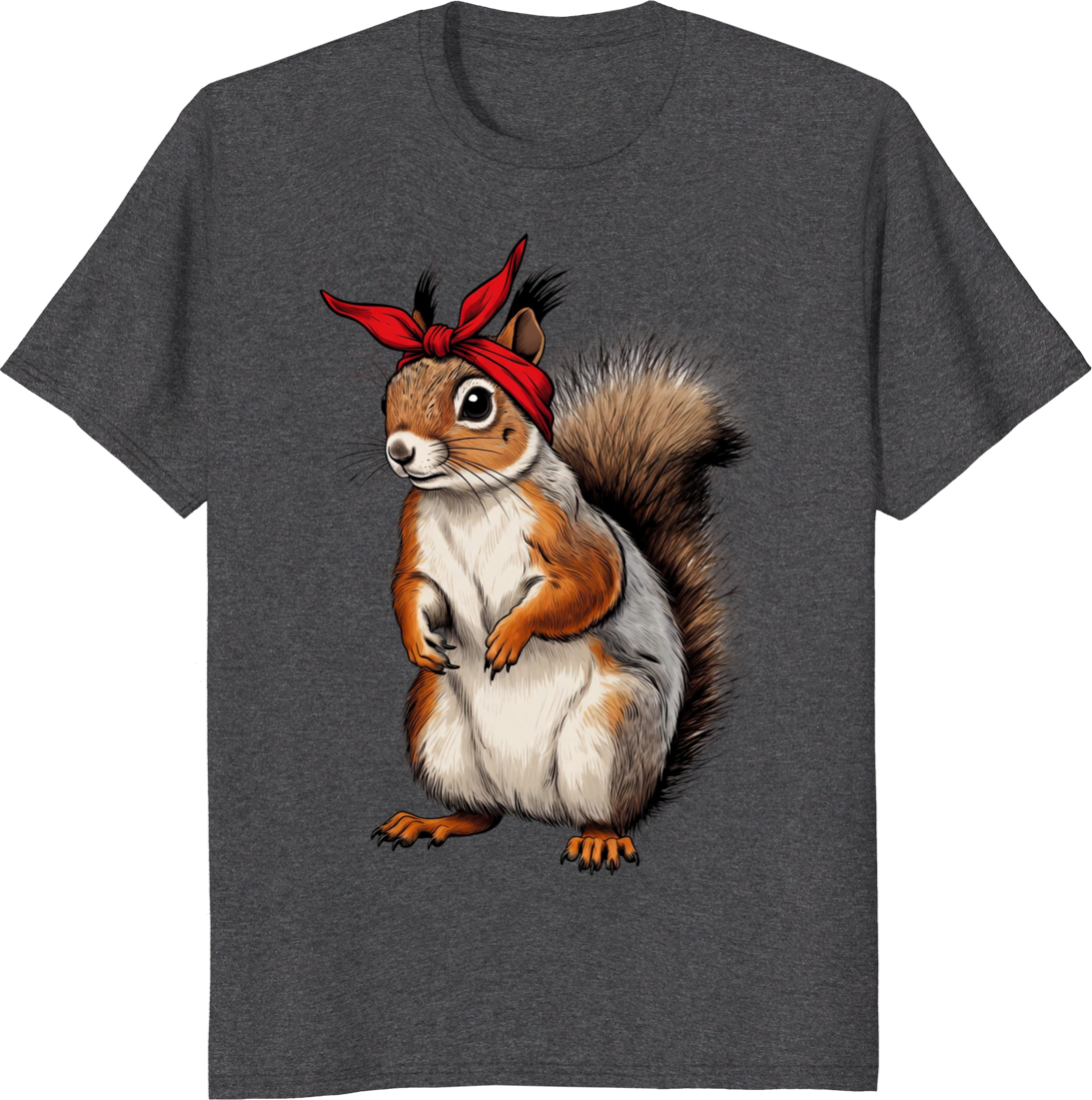Funny squirrel wearing a red bow bandana on a t-shirt. - dark heather