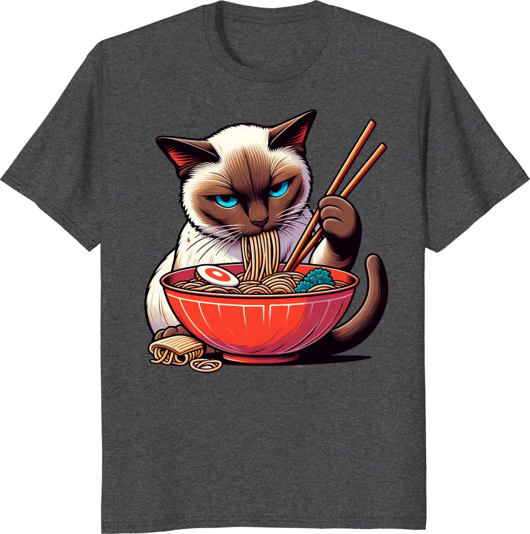 Funny cat eating ramen kawaii siamese cat anime graphic on a t-shirt - dark heather