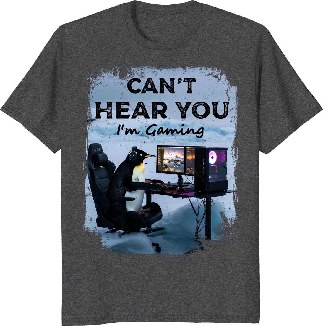 Unisex T‑shirt with a funny lone penguin gaming illustration on front. - dark heather