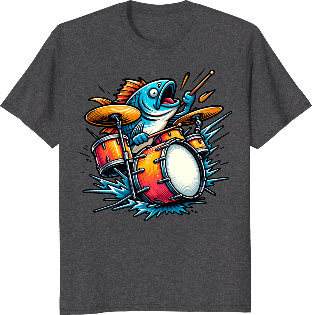Cartoon fish playing drums on a t-shirt design - dark heather