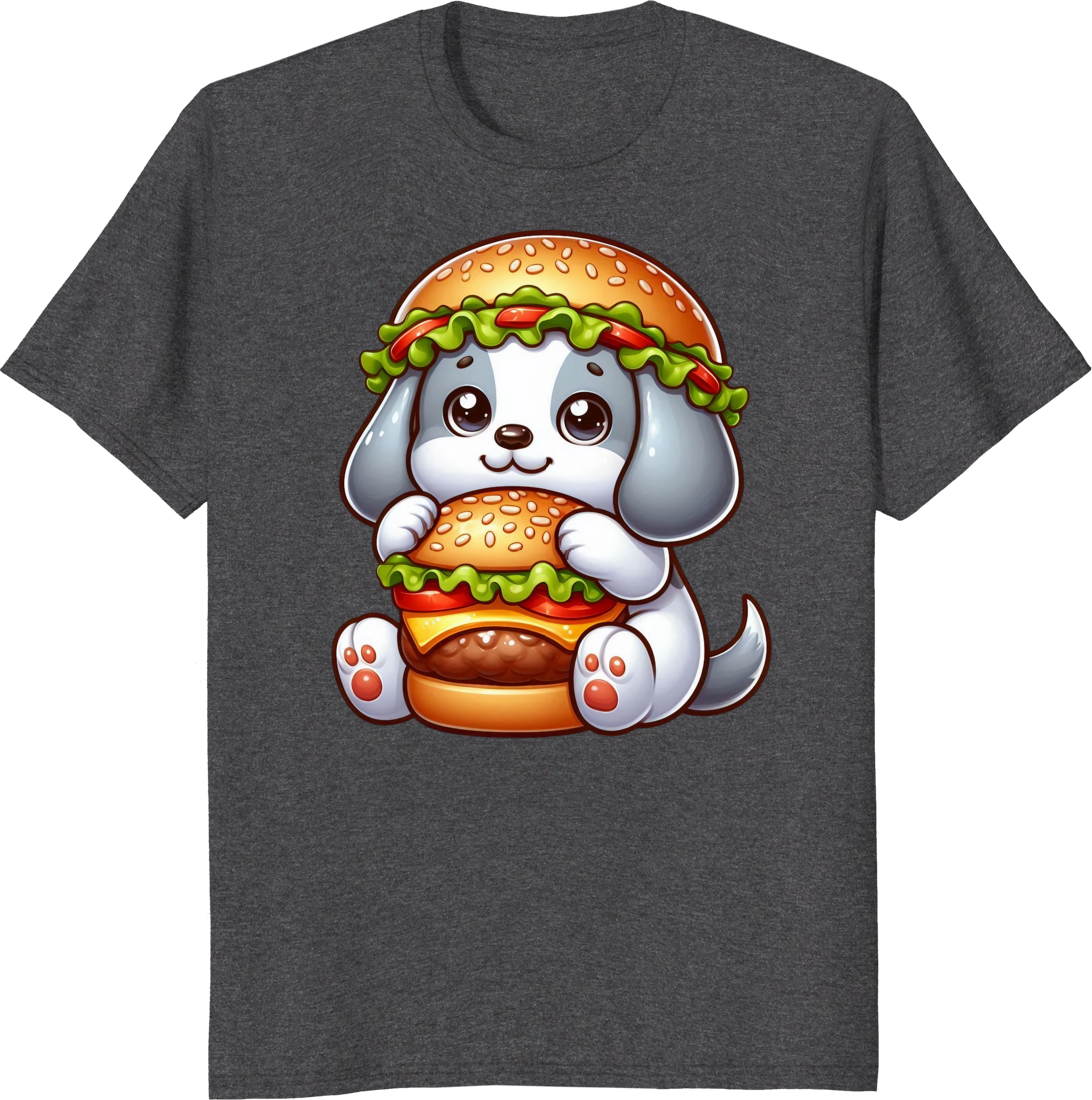 Cute dog eating a cheeseburger on a t-shirt - dark heather