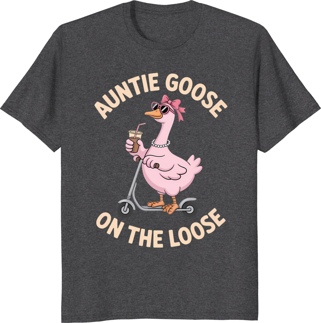 Cool Pink Auntie Goose riding a scooter on a t‑shirt - dark heather