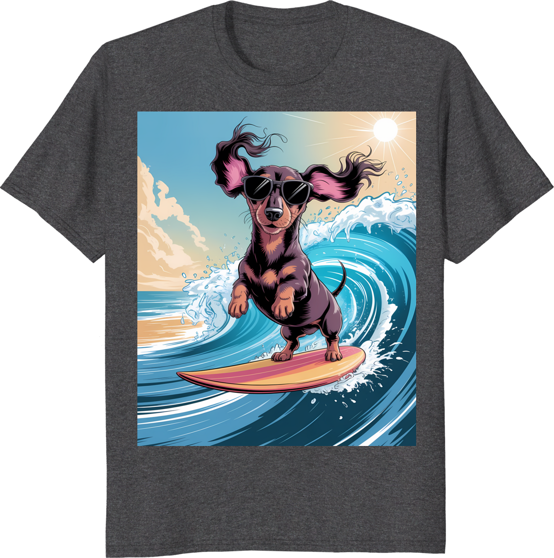Funny dachshund dog surfing ocean waves on a t‑shirt - dark heather