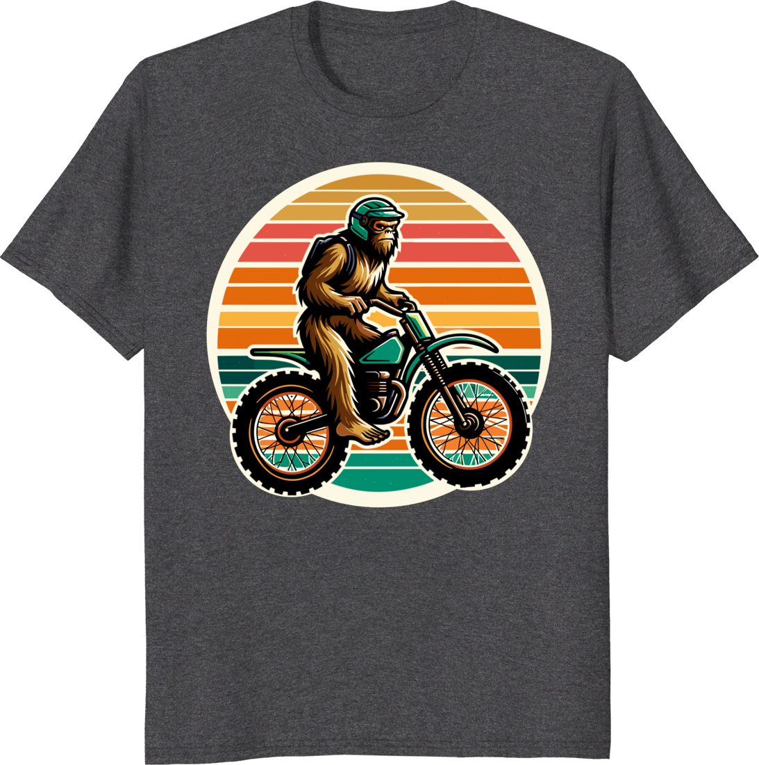 Bigfoot riding a dirtbike on a retro sunset background, printed on a T-shirt. - dark heather