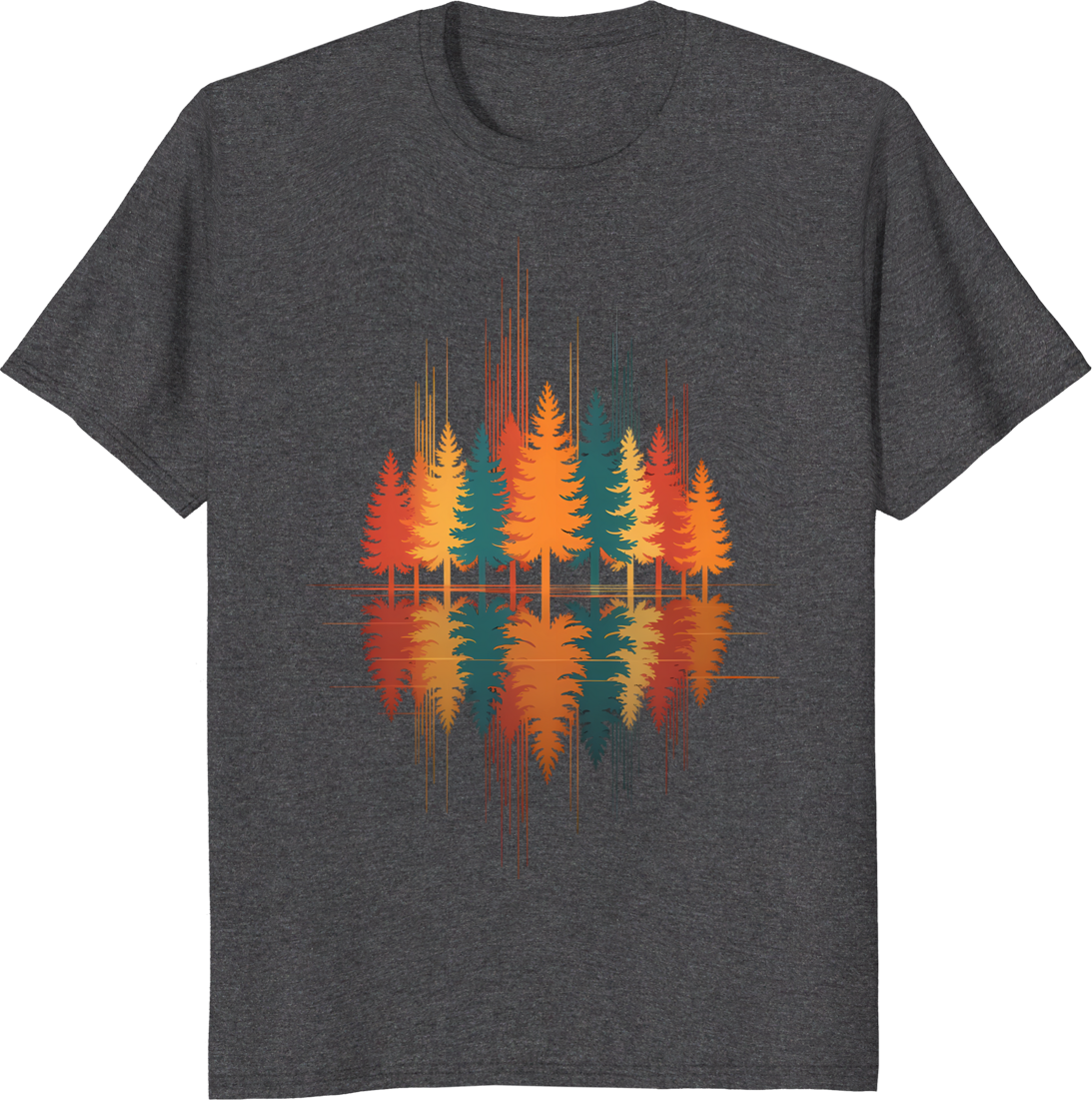 Retro pine forest graphic with lake reflection on a t-shirt - dark heather