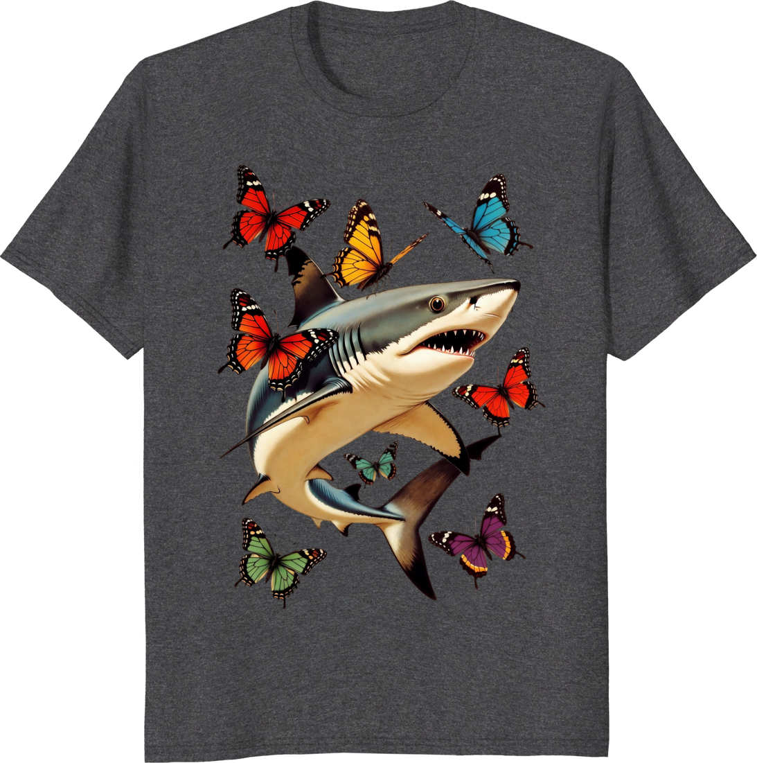 Funny shark with butterflies retro graphic t-shirt - dark heather
