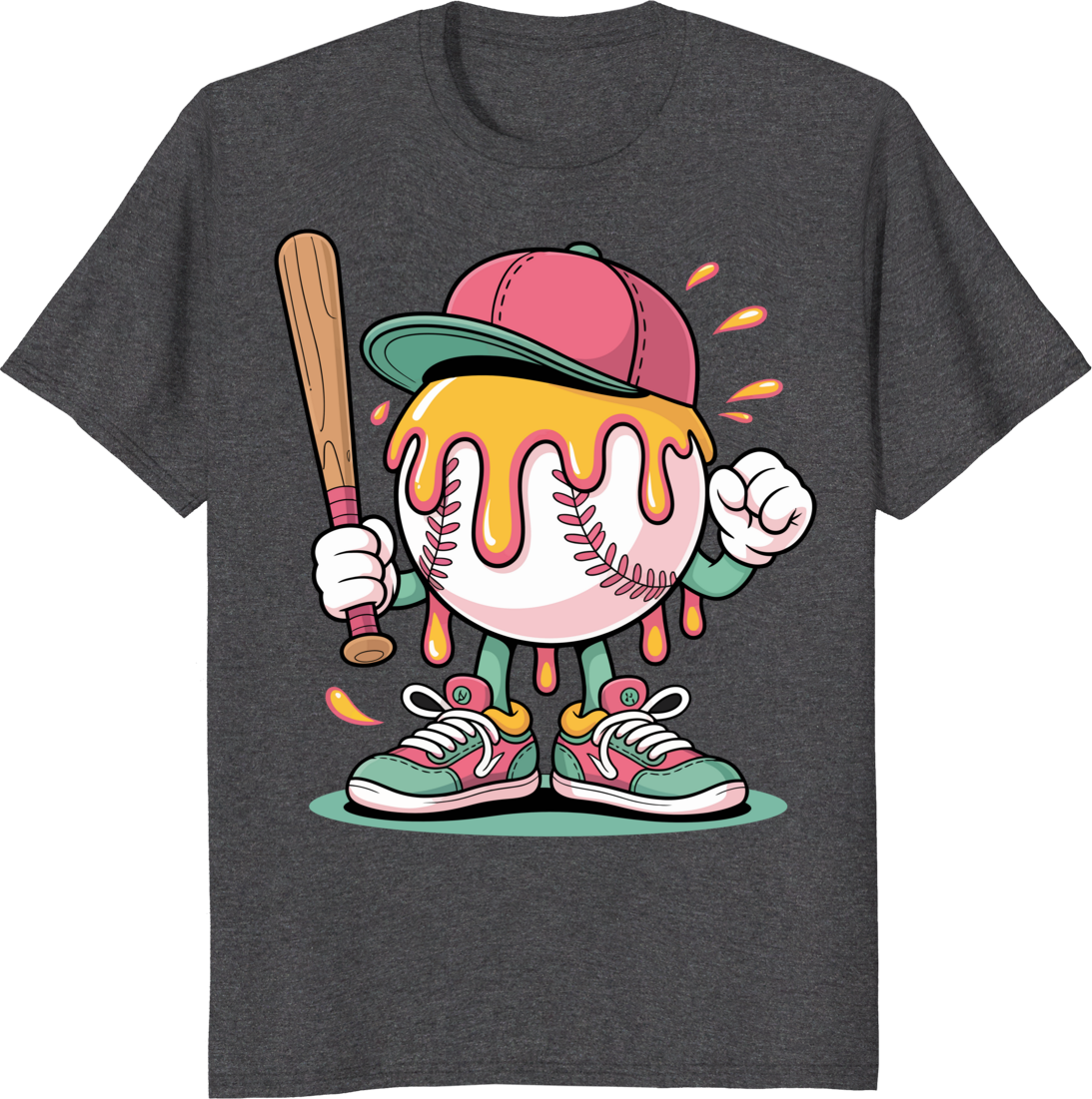 Funny ice cream drip baseball t-shirt design with baseball spots - dark heather