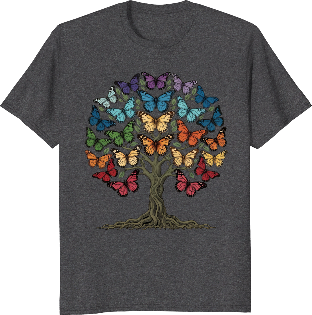 Mystical Monarch Tree with colorful butterfly wings graphic on a t-shirt - dark heather