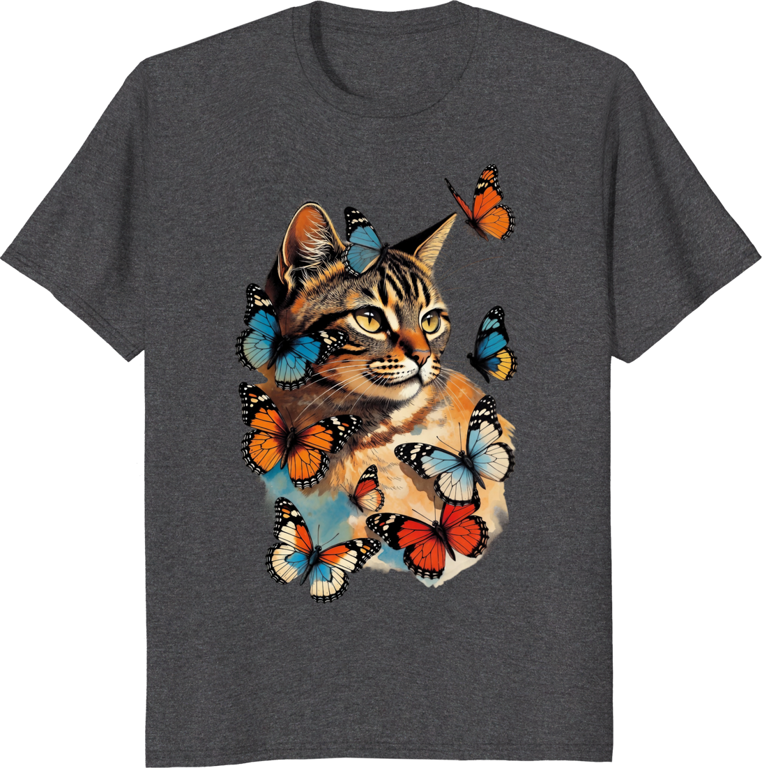 Funny cat with butterflies retro graphic on a t-shirt - dark heather