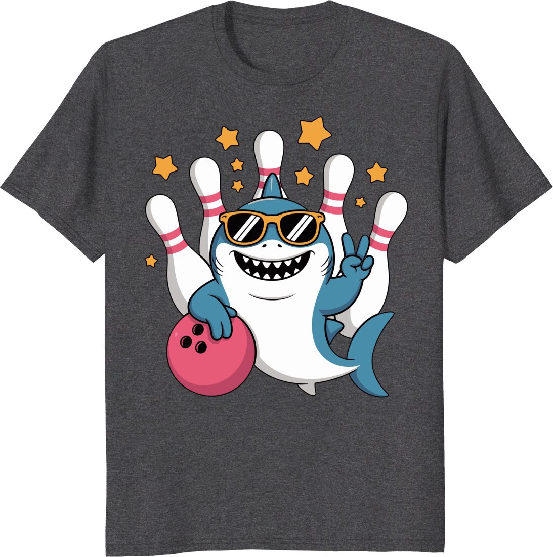 Funny shark bowling ball and pins on a t‑shirt - dark heather