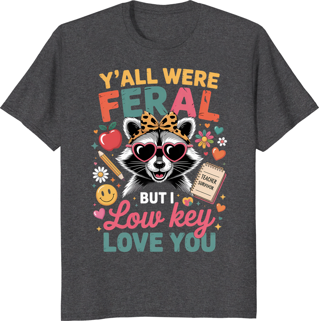 Raccoon Teacher T-Shirt with a raccoon wearing a teacher badge - dark heather