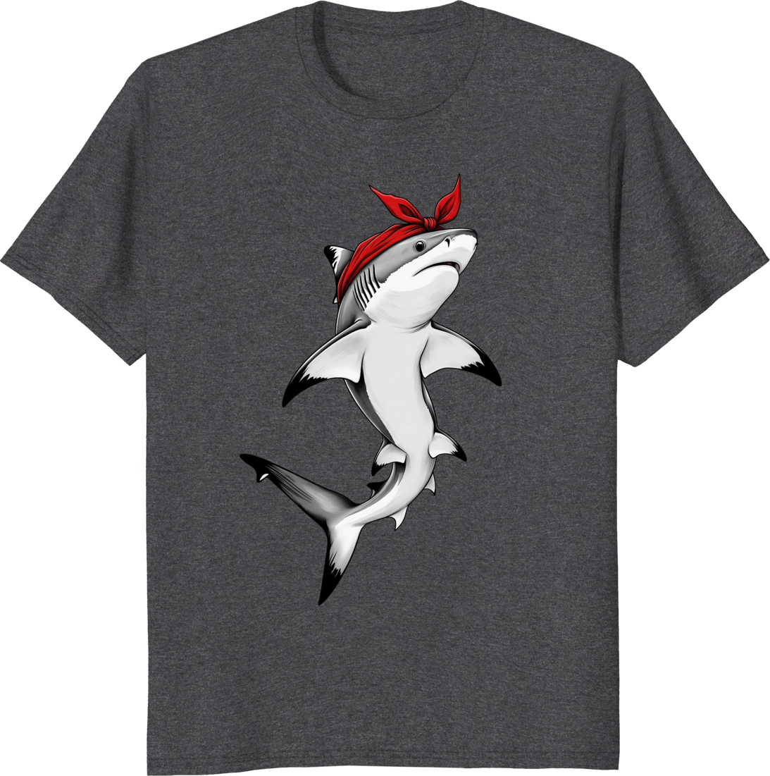 Shark wearing a red bow bandana on a T‑shirt - dark heather