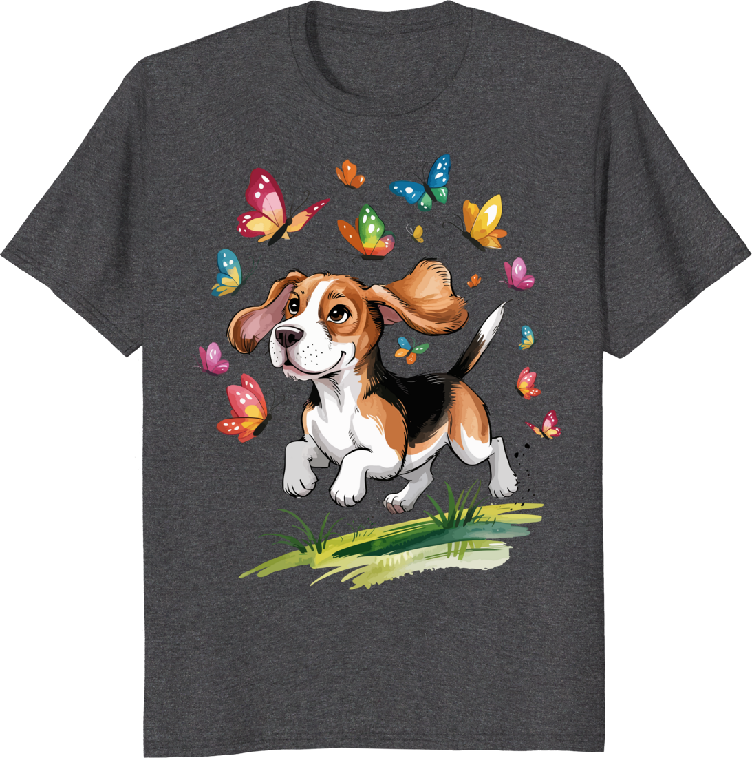 Funny beagle dog surrounded by butterflies on a t-shirt - dark heather