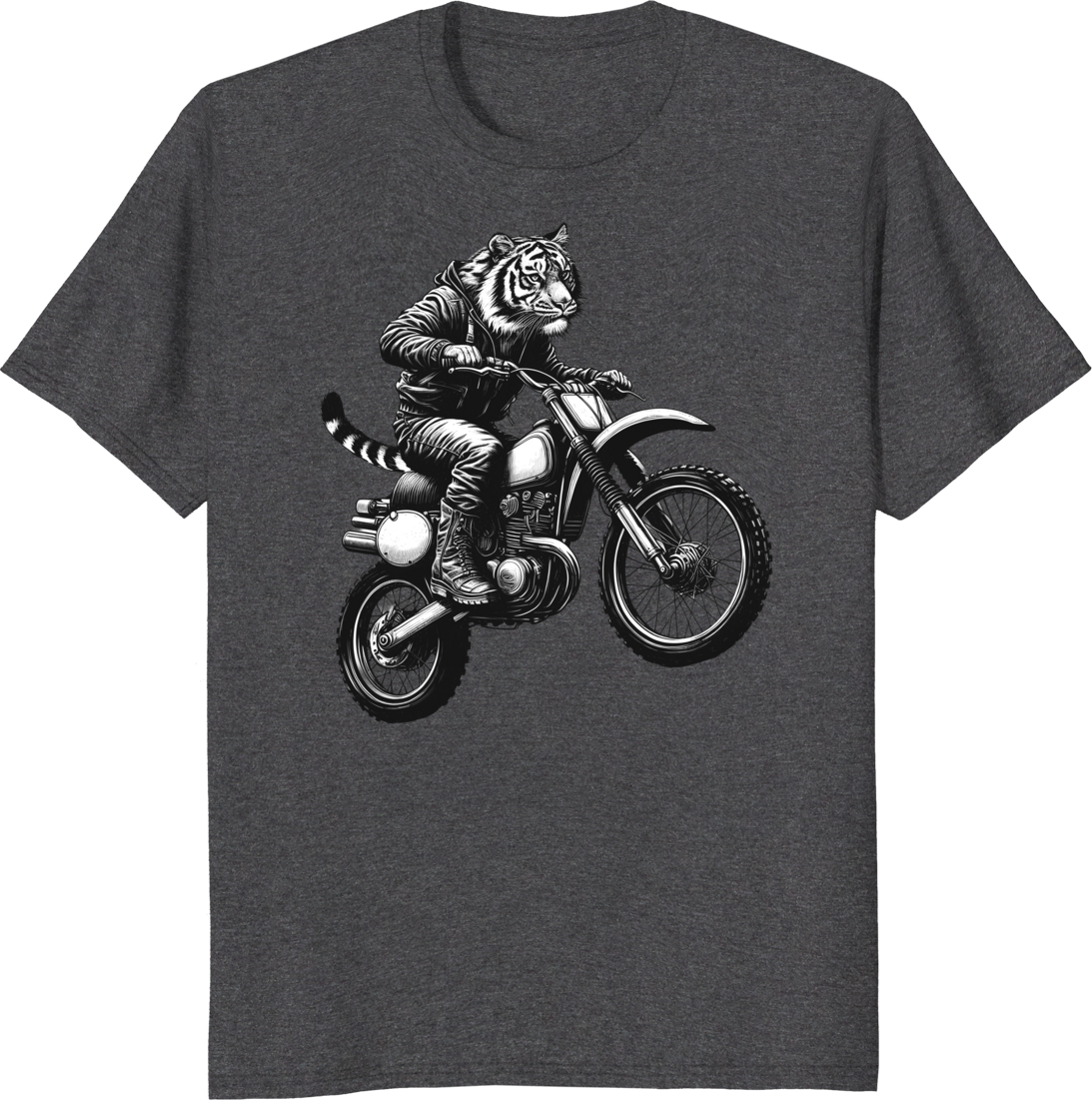 Funny vintage tiger riding a dirt bike on a motocross track – T-shirt design - dark heather