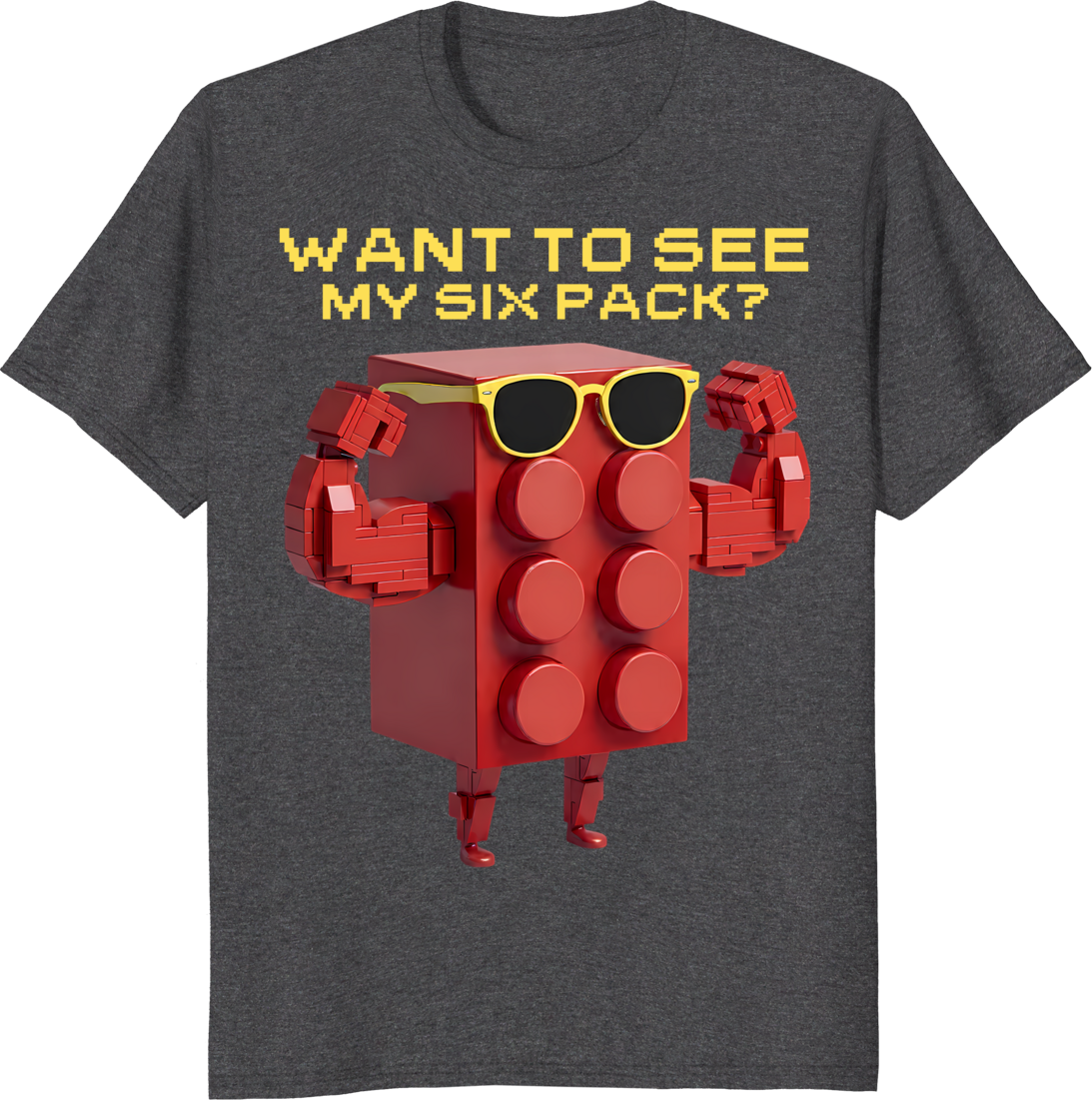 Red building block character with six-pack bricks t-shirt design - dark heather