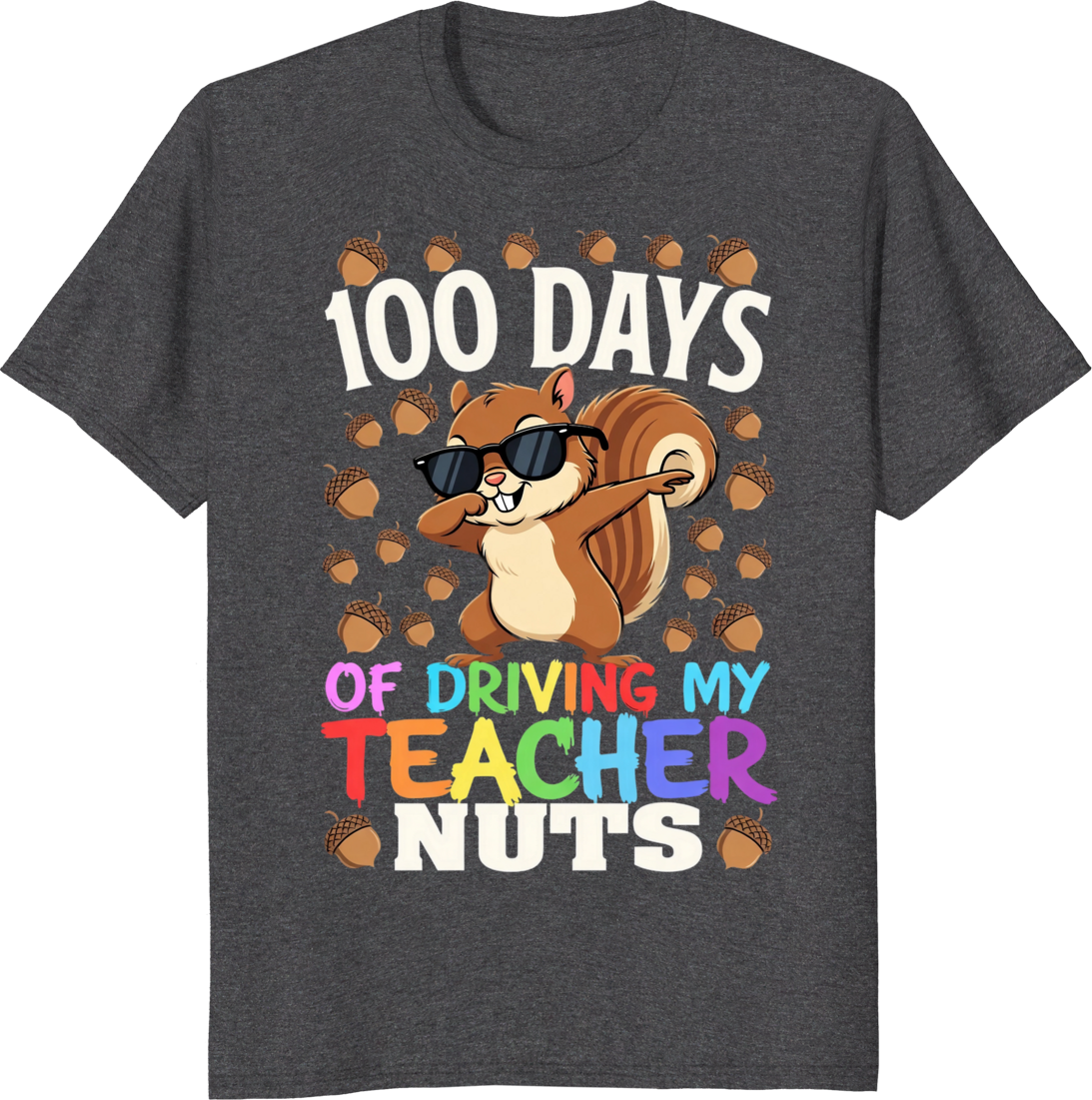 Squirrel cartoon driving a teacher with a school theme printed on a t-shirt - dark heather