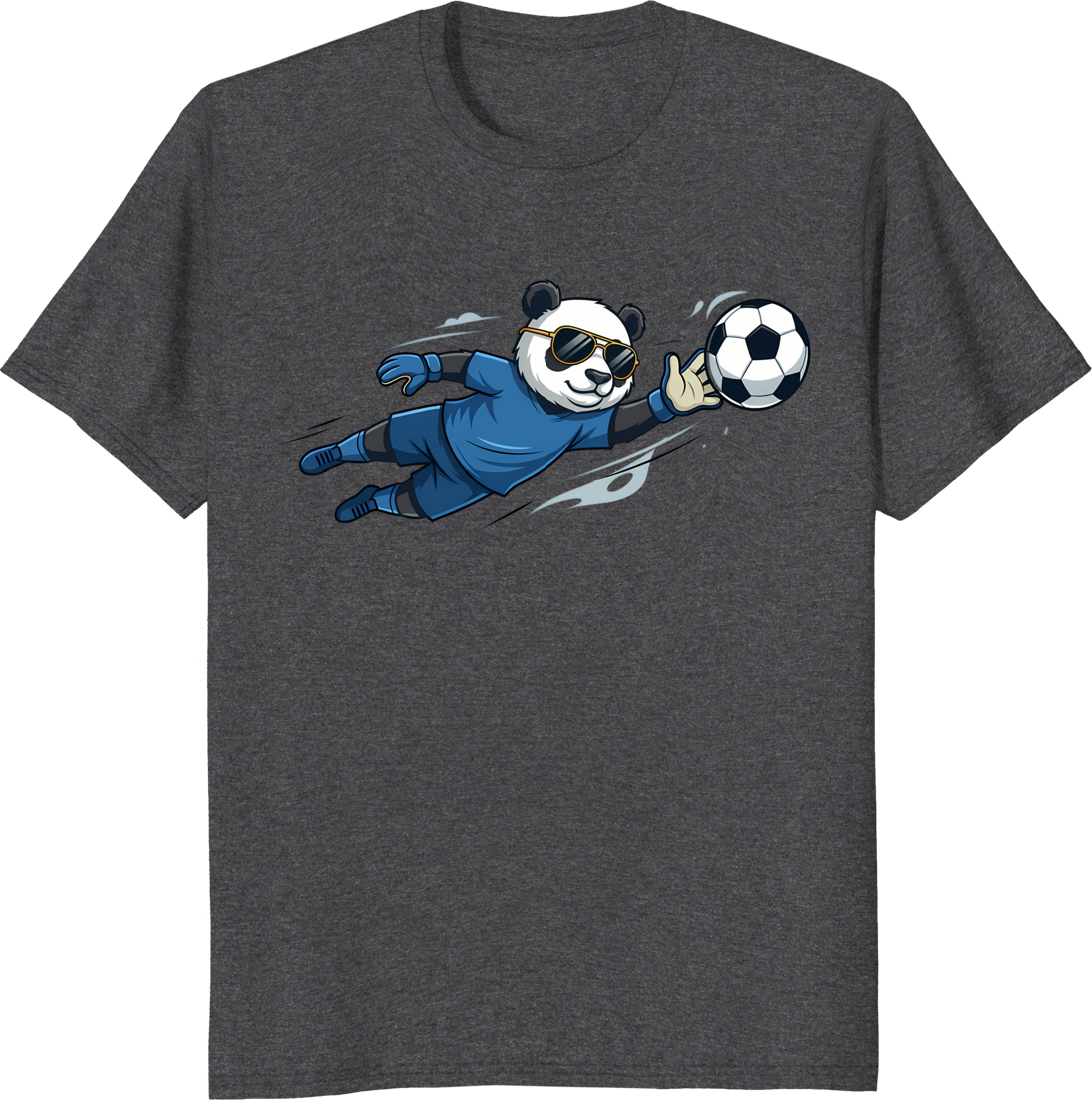 Cartoon panda wearing goalkeeper jersey and sunglasses on a t-shirt - dark heather