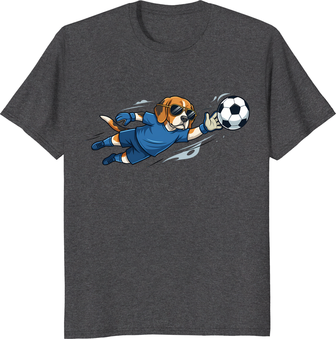 Cartoon dog goalkeeper wearing sunglasses on a t-shirt - dark heather