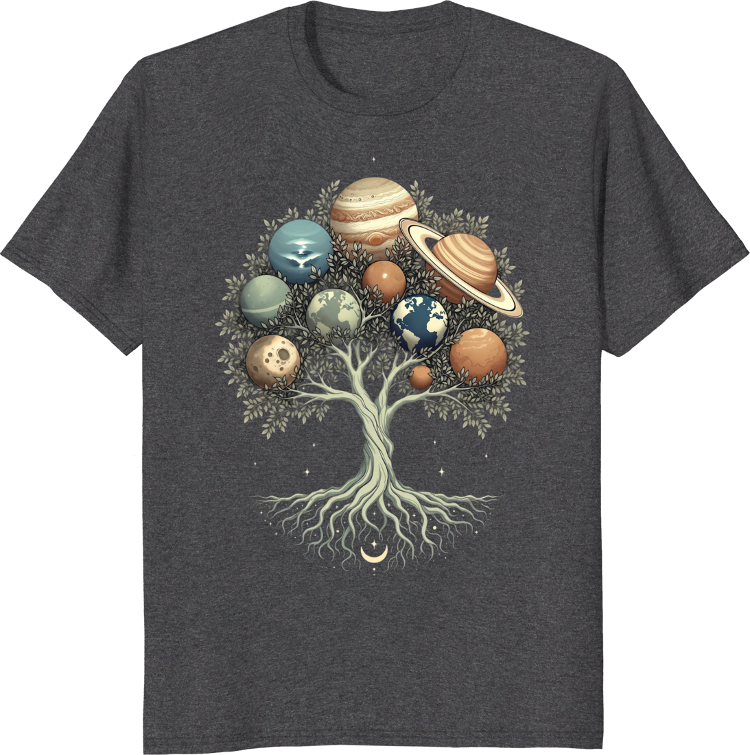 Solar System Tree of Life t-shirt featuring celestial planets design. - dark heather