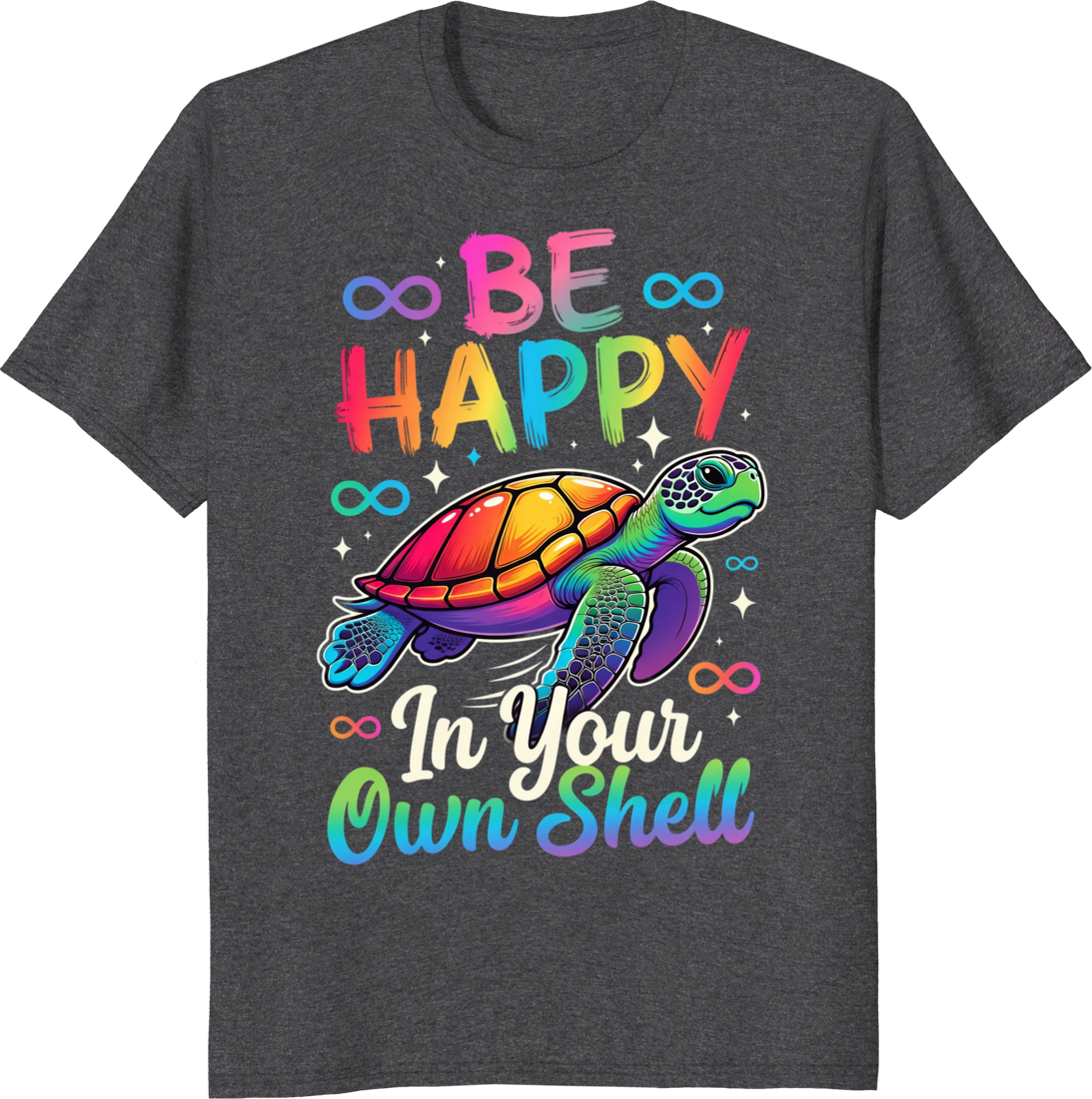 Rainbow autism awareness turtle graphic on a white t-shirt - dark heather