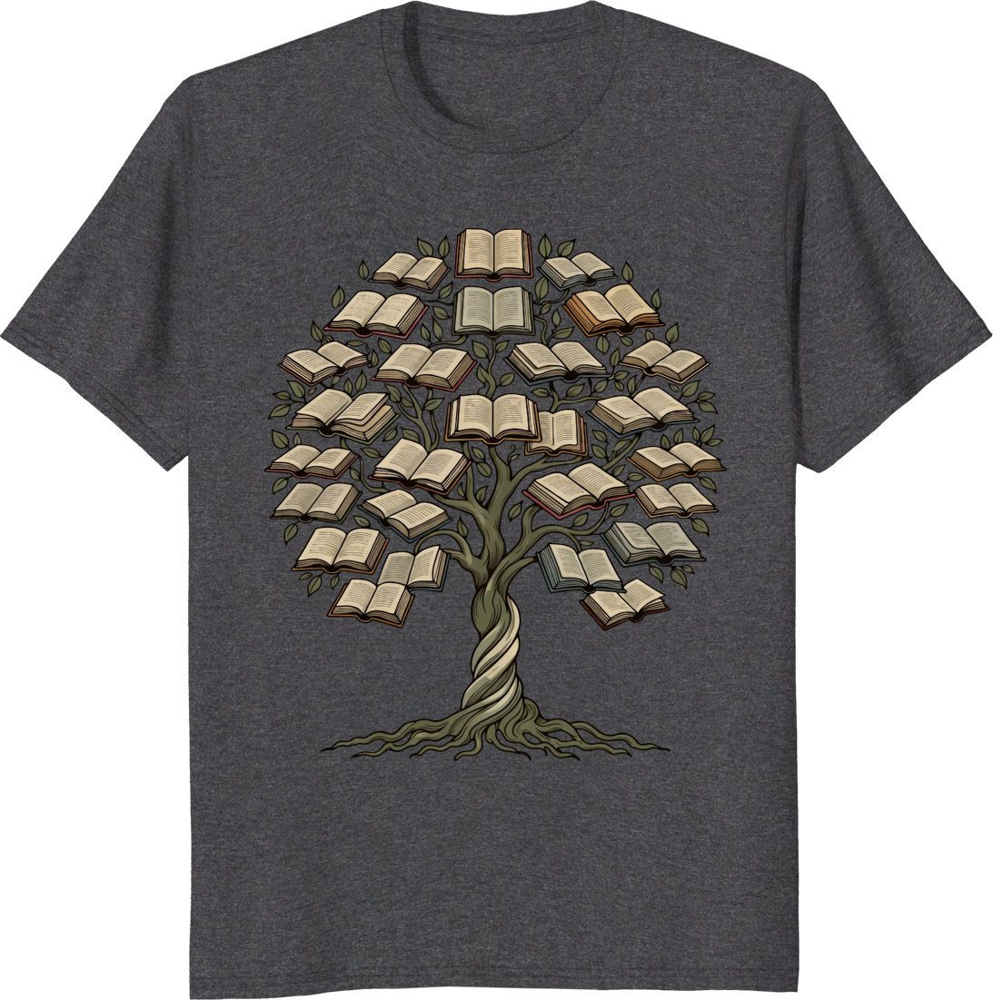 Book lover t-shirt featuring a tree growing from books on a soft cotton tee - dark heather